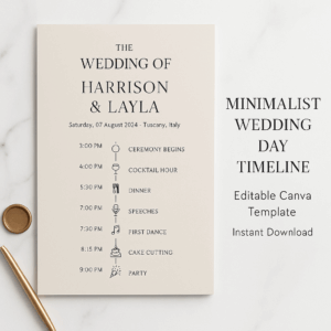 A printable wedding day timeline template with editable event times and icons, designed in a minimalist neutral style using Canva.